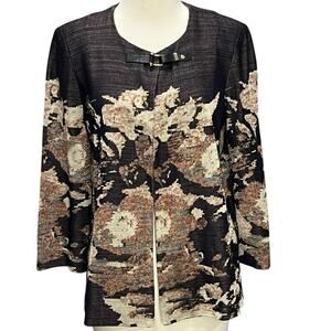 Misook Blazer XS Black Tan Floral Jacquard Tapestry Knit Jacket Buckle Old Money